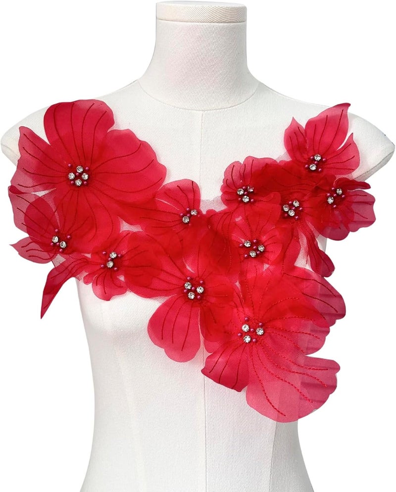JRYYR Flower Lace Appliques, 3D Embroidery Patches for Dresses, Flower Appliques for Clothing, Bags, Jewelry DIY Crafts (Red-2) - Image 1